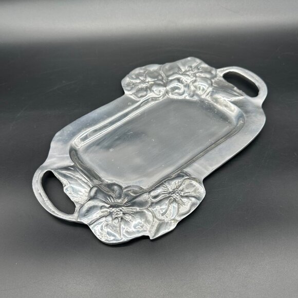 Vintage Floral Tray Vanity Serving Mexico Aluminum Handles Rectangle Flowers - Picture 1 of 8